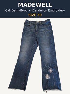 Madewell Cali Demi-Boot Jeans Embroidered Dandelion Raw Hem Medium Wash Size 30